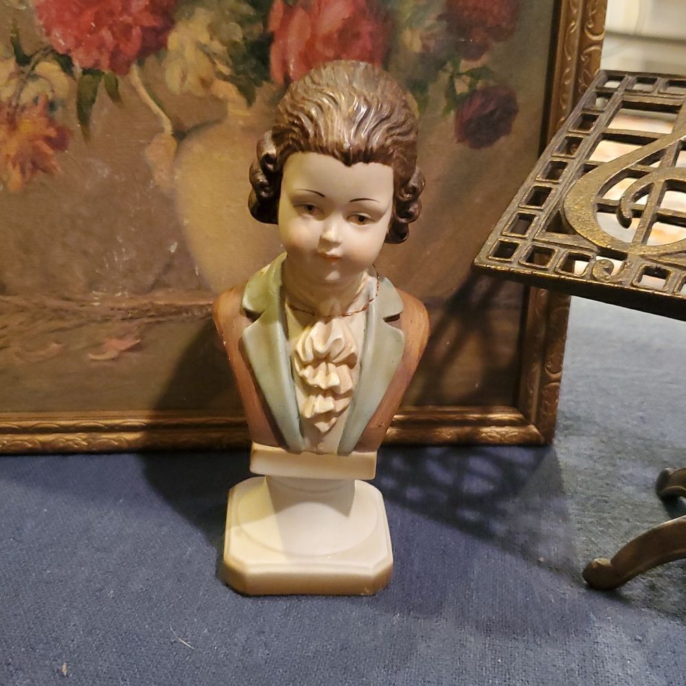 Vintage mini brass music stand,‎ lefton Victorian Boy bust and mini music scroll